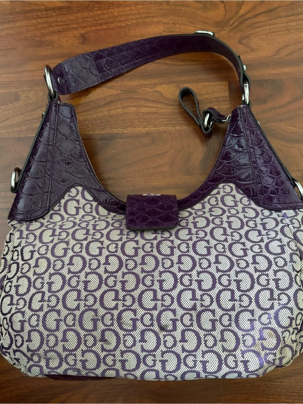 GUESS Vintage Y2K Hobo Baguette Monogram Purple Shoulder Bag Rare 2000s USA Cute